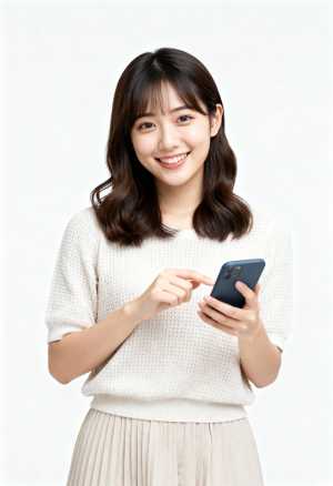 ニットセーターとプリーツスカートを着た若い女性がスマートフォンを持ち満面の笑みを浮か...。