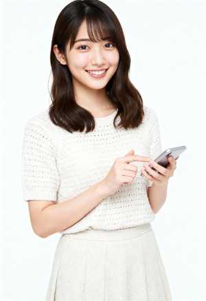 スマートフォンを持ちながら微笑む若いアジア人女性を正面カメラのアングルから写実的に撮...。