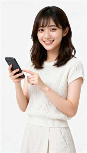 スマートフォンを持ってカメラに向かって微笑む若い女性を、正面カメラのアングルから写実...。