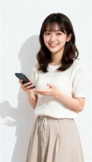 真っ白な背景に、携帯電話を持ち満面の笑みを浮かべている若い女性を正面カメラのアングル...。