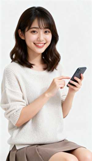 スマートフォンを持ちながら座って微笑む若い女性を、正面カメラのアングルから写実的に撮...。