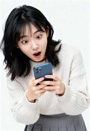 白いニットセーターとグレーのプリーツスカートを着た若い女性が、スマートフォンを持って...。