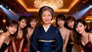 画像の中央に青い着物を着た年配のアジア人女性が写実的に描かれており、その周りをエレガ...。