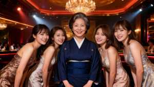 伝統的な日本の着物を着た年配のアジア人女性が画像の中央に立つ写実的なポートレート。