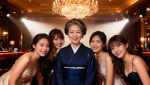 青い着物を着た年配のアジア人女性が画像の中央に立っており、エレガントなイブニングドレ...。