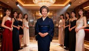 画像の中央に伝統的な日本の着物を着た女性が写実的に立っており、その周囲をエレガントな...。