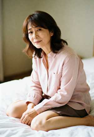 柔らかな照明が照らされた寝室のベッドに座り、淡いピンクのボタンダウンシャツとグレーの...。