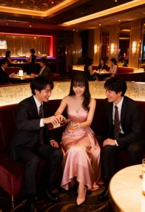 豪華なレストランで一緒にドリンクを楽しむ 3 人の若者のロマンチックなシーンを正面か...。