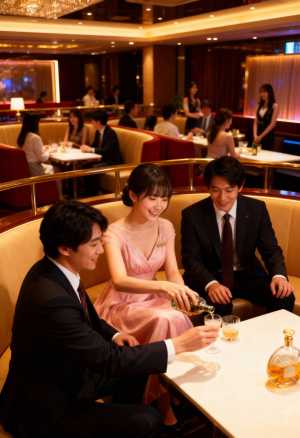 高級レストランで3人でお酒を楽しむロマンチックなシーンを正面からフォトリアルに撮影。