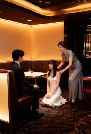 レストランでの二人のロマンチックな瞬間を横から写実的に撮影したもの。