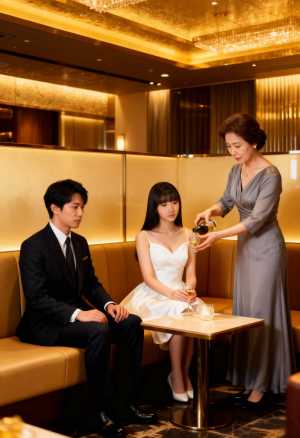 高級ホテルのロビーの洗練されたエレガントな雰囲気を、正装した3人を横から写実的に撮影。