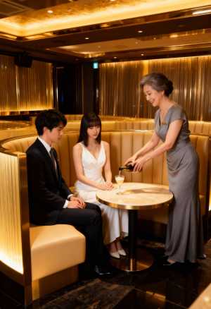 高級レストランでの二人のロマンチックな瞬間を正面からフォトリアルに撮影。