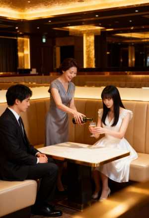 豪華なレストランでのアジア人女性 2 人と男性 1 人のロマンチックなシーンを正面か...。