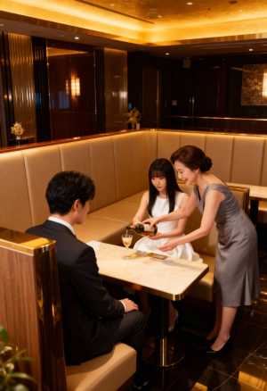 豪華なレストランの雰囲気の中で、アジア人女性 2 人と男性 1 人のロマンチックな瞬...。