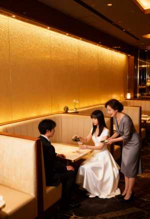 レストランのロマンチックな雰囲気を表現する、ローアングルからの写実的な撮影。