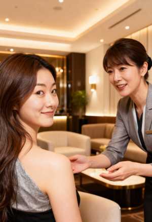 モダンなホテルのロビーで笑顔で交流する 2 人の女性。