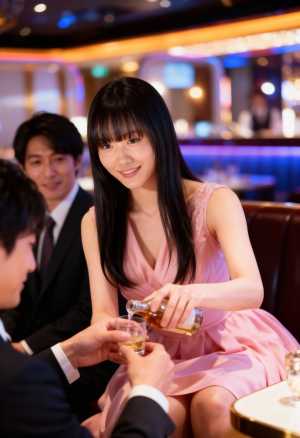 薄暗いレストランのテーブルに座り、ピンクのドレスを着た若い女性がグラスに飲み物を注ぐ...。