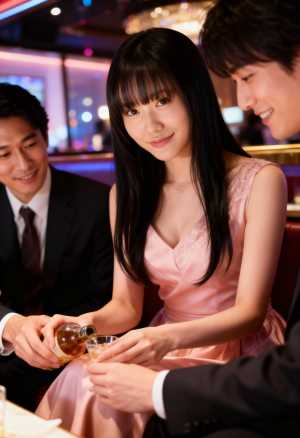 薄暗いバーのテーブルに座り、ボトルからグラスに飲み物を注ぐピンクのドレスを着た若い女...。