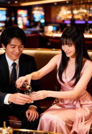 薄暗いバーで一緒にお酒を楽しむ男女を横から撮った写実的なショット。