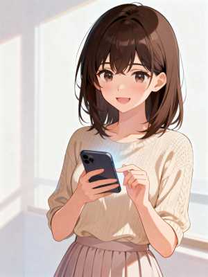 柔らかいパステル カラーの明るい部屋の画像の中央に、ダークブラウンの短い髪と茶色の目...。