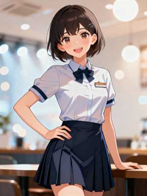 カフェの店内に立ち、片手を腰に当て、もう片方の手を木製のカウンターの上に置き、自信を...。