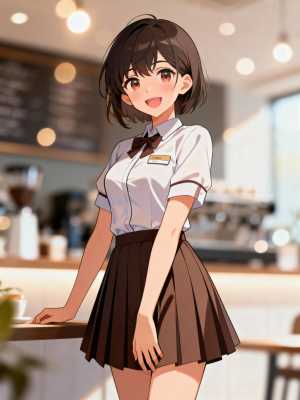 画像の中央に立って、カフェのカウンターにもたれかかっているかわいい日本人ウェイトレス...。