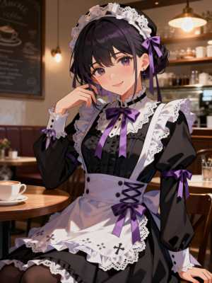 紫色のアクセントが入った白黒のメイド服を着た若い女性が、画像中央のカフェテーブルに座...。
