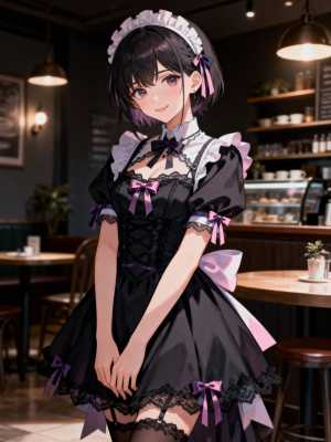 紫色のアクセントが付いた白黒のメイド服を着た若い女性が、カフェにいるアニメ風のイラス...。