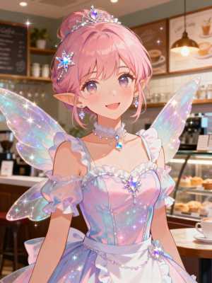居心地の良いカフェの雰囲気の中で、ピンクの髪と妖精の羽を持つかわいい妖精の女の子を描...。