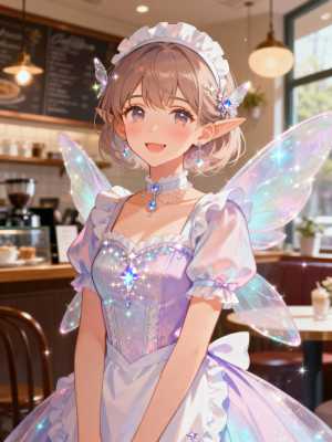カフェの設定でかわいい妖精の女の子を描いた、フロントカメラアングルからの美しいアニメ...。