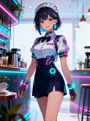 ネオンライトが光るメイド服を着た、未来的なカフェの設定の若い女性を描いた、アニメ ス...。