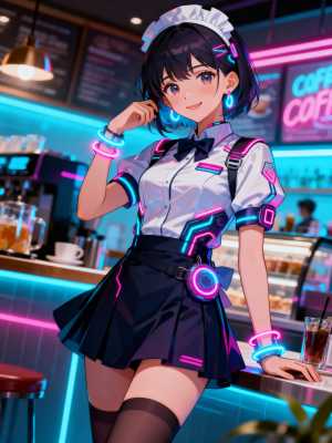 ネオンライトとコーヒーショップを背景に、画像の中央に立ち、カフェのバーカウンターにも...。