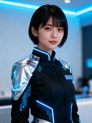 回路基板のデザインが施された未来的な黒と銀のスーツを着た、短い黒のボブヘアの若い女性...。