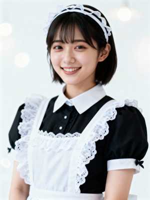 メイドの格好をした若い女性がカメラに向かって微笑む様子を、ポートレート カメラ アン...。