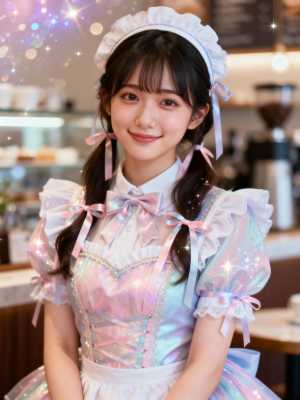 パステルカラーのメイド服を着てカメラに微笑む若い女性をポートレートアングルから写実的に撮影。