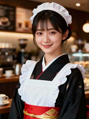 メイドの格好をした若い日本人女性がカフェに立ってカメラに向かって微笑んでいる様子を、...。