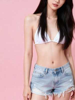 白いビキニトップとデニムのショートパンツを着た若い女性が、ピンク一色の背景に自信を持...。