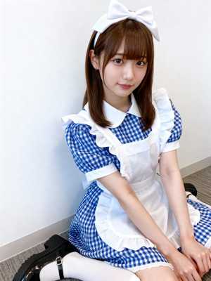 真っ白な壁を背景に床に座る、メイド姿の若い日本人女性を正面カメラのアングルから写実的...。