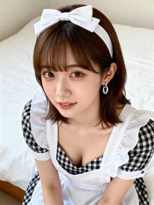 メイド姿の若い女性がポートレートのポーズをとる、クローズアップ カメラ アングルから...。