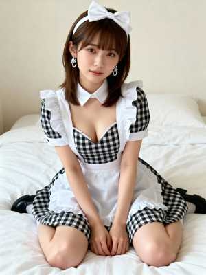 白いエプロンと頭に白いリボンが付いた黒と白の市松模様のドレスを着て、ベッドに座ってい...。