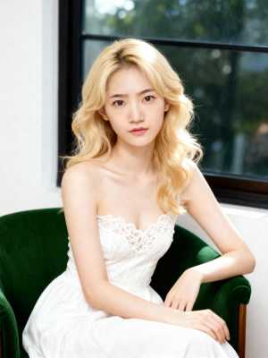 屋内で緑のベルベットの椅子に座る、長くウェーブのかかったブロンドの髪を持つ若い女性の...。