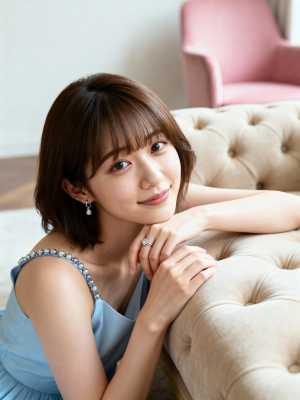 ピンクの椅子を背景に、柔らかな照明が照らされたリビング ルームのベージュの房状のソフ...。