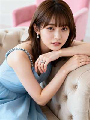 ピンクのソファを背景に、ライトブルーのドレスを着た若い女性がベージュの房状のソファに...。