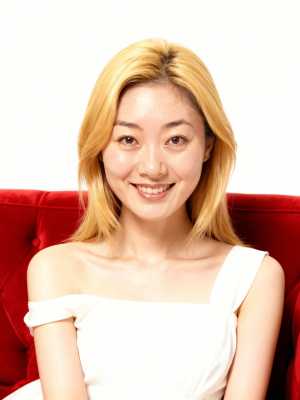 赤いベルベットのソファに座り、カメラに向かって微笑む若い女性の写実的なポートレート。