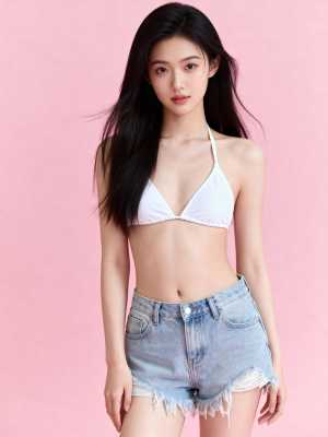 無地のピンクの背景に白いビキニトップとデニムのショートパンツを着て自信を持って立って...。