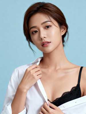 若い女性が白いシャツを調整し、その下に黒いレースのブラジャーが露出している様子をポー...。