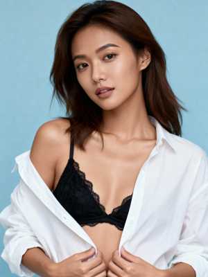 白いボタンアップシャツと黒いレースのブラジャーを着て、明るい青一色の背景に自信を持っ...。