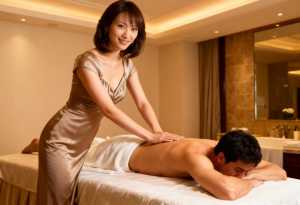 豪華なスパ環境で、マッサージ テーブルに横たわる男性の後ろに立つ女性。