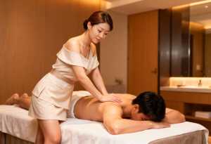 スパのマッサージ テーブルに横たわっている男性にマッサージをする女性を横から撮影した...。