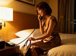 ホテルの部屋のベッドに座り、ハンドバッグを持ちながら電話で話している女性を横から撮影...。